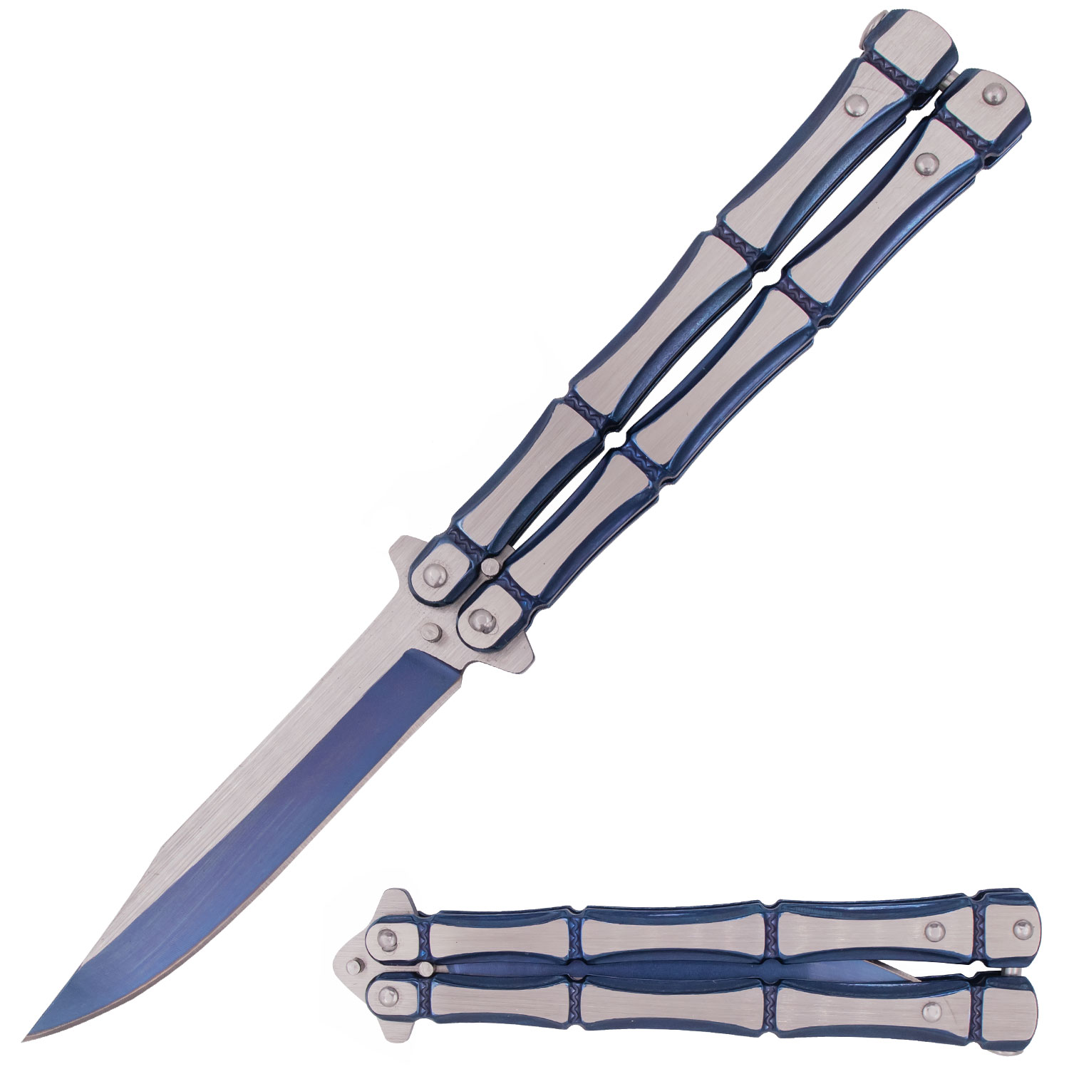 9.10 Inch Solid Steel Skull Butterfly Folding Knife (Skeleton Bones) Blue